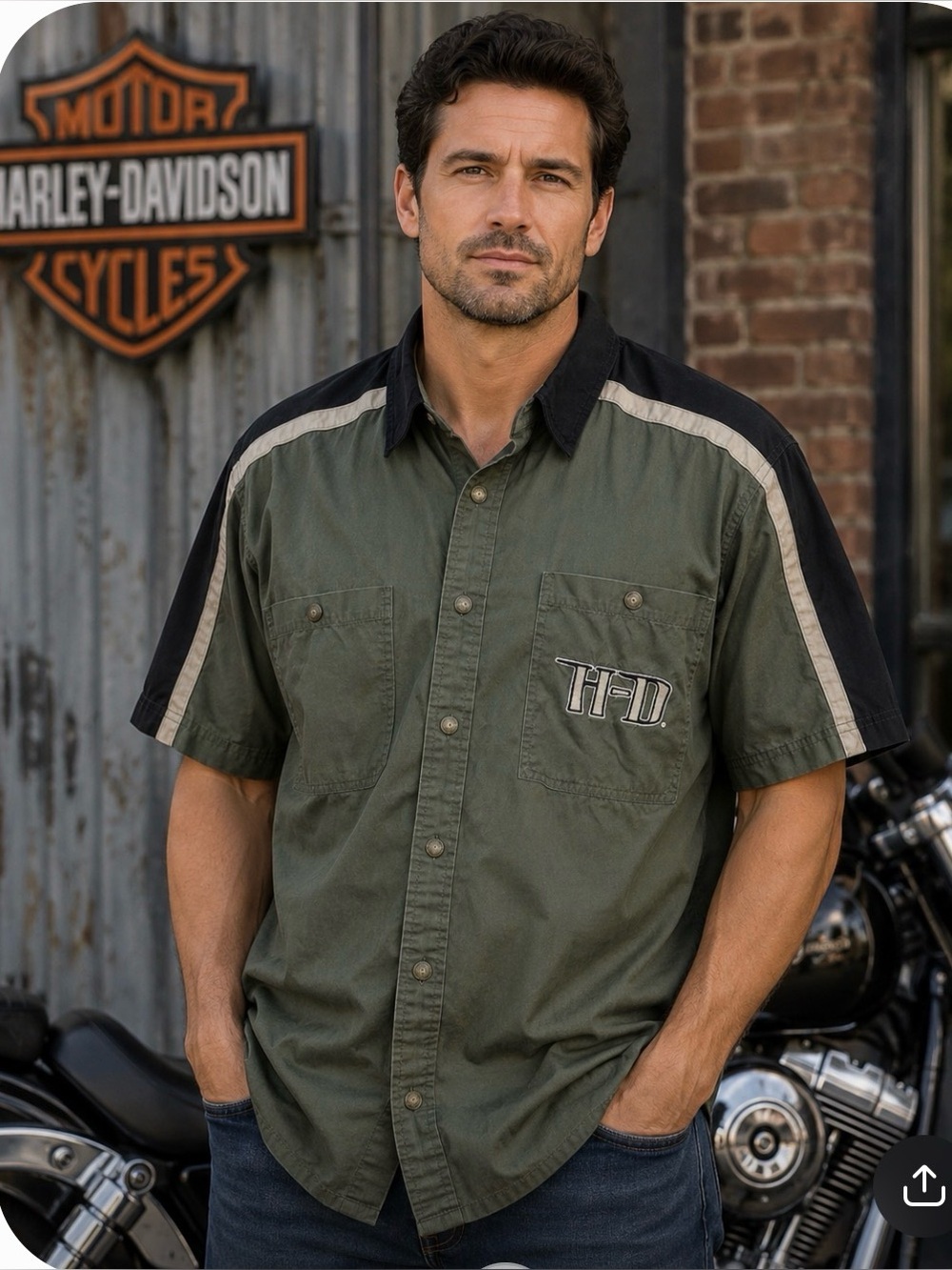 Harley Davidson olive green button down men’s XL